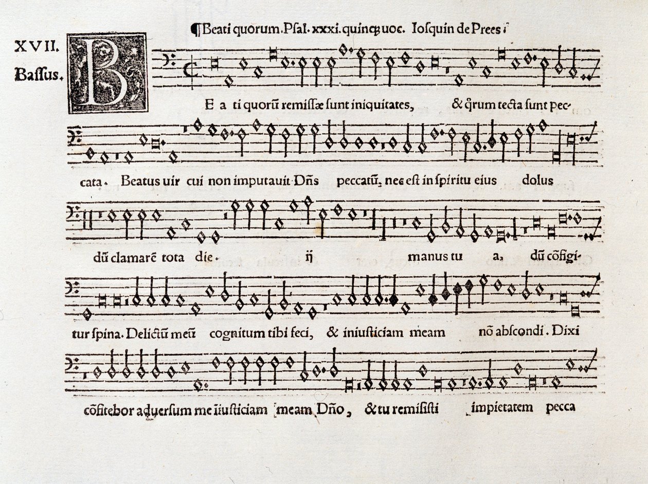 Willaert Beati quorum XIII. zsoltárának (1538) kottájának oldala alkotó: Unknown artist
