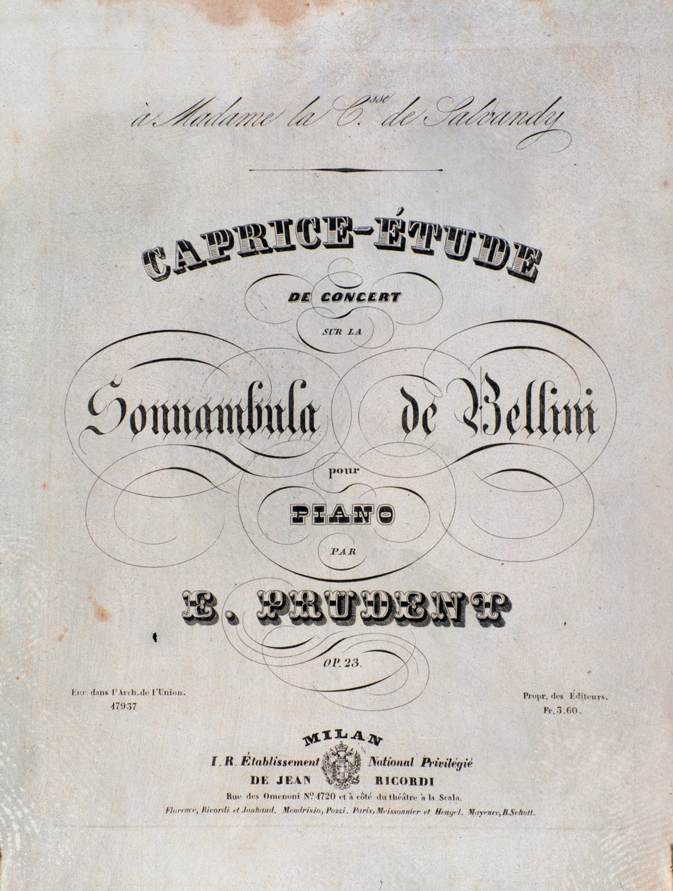 Emile Prudent zongorára írt Caprice-tanulmányának kottájának oldala Vincenzo Bellini La sonnambulája alapján alkotó: Unknown artist