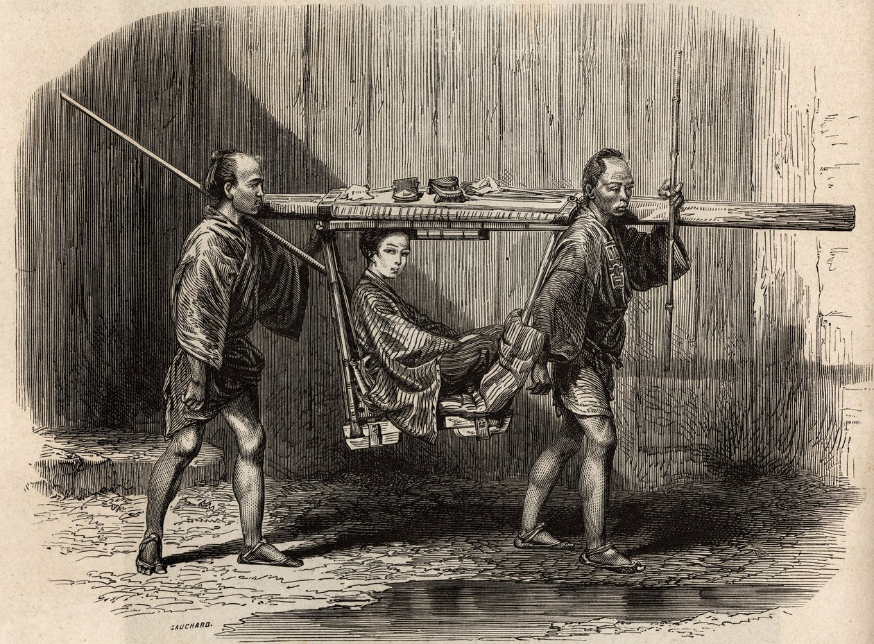 Palanquin használhatja az embereket, nyitott, a felhasználó felteszi a holmiját a tetőre, mielőtt elhelyezkedik, hogy elinduljon. Aime Humbert, a Svájci Államszövetség miniszterének 1863–1864-es japán utazását illusztráló metszet a „Le tour du monde”-ban alkotó: Unknown artist