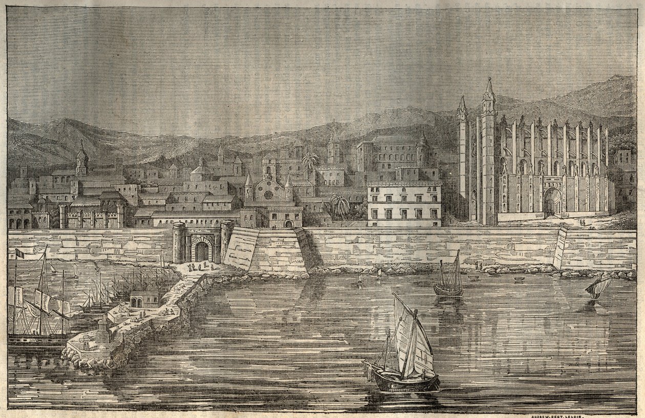 Palma de Mallorca, Mallorca (Majorca), Baleár-szigetek - metszet 1837 alkotó: Unknown artist