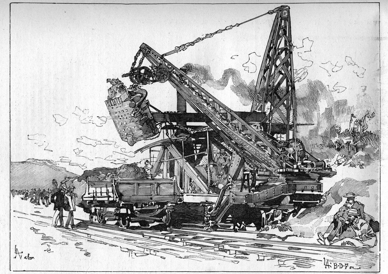 A Panama-csatorna működik. Főbb gépek: Osgood kotrógép. Metszet a „” Le Monde Illustré”-ben alkotó: Unknown artist
