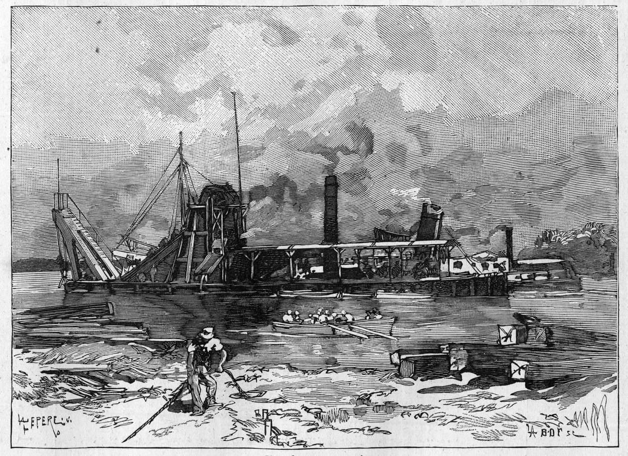 A Panama-csatorna működik. Főbb gépek: kotrógép és szelepe. Metszet a „” Le Monde Illustré”-ben alkotó: Unknown artist