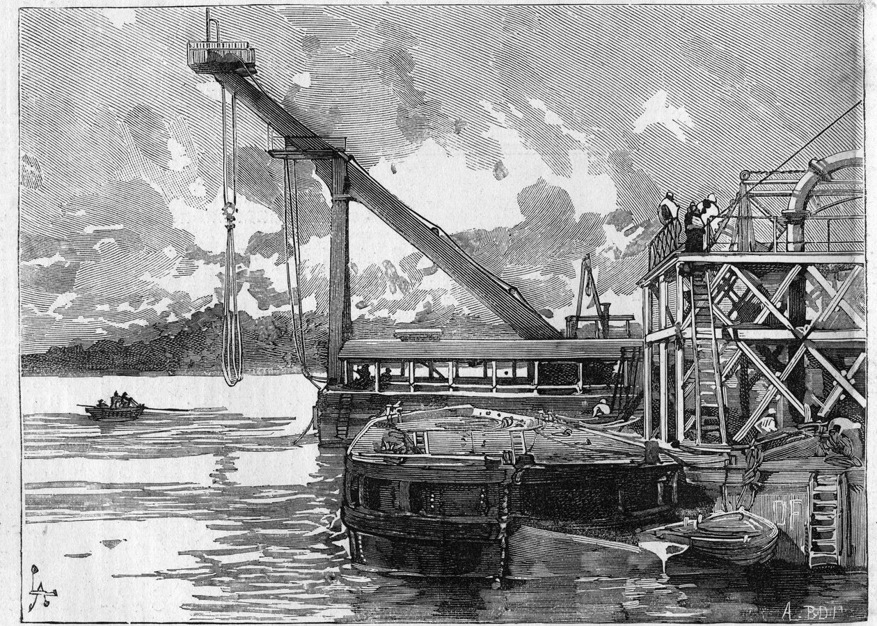 A Panama-csatorna működik. Főbb gépek: Bigue ponton. Metszet a „” Le Monde Illustré”-ben alkotó: Unknown artist