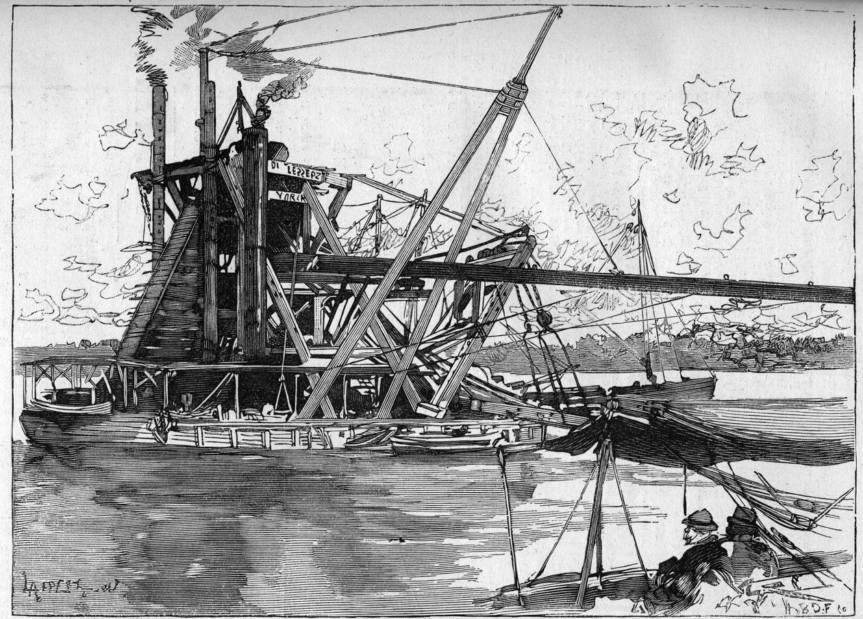 A Panama-csatorna működik. Fő gépek: a nagy amerikai kotró. Metszet a „” Le Monde Illustré”-ben alkotó: Unknown artist
