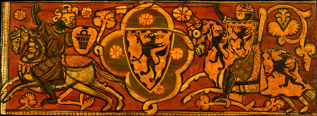 Keresztény lovag és muzulmán lovag harcát ábrázoló tábla - Mennyezeti panel egy keresztény lovag és egy muszlim harcával - Névtelen - c. 1300 - Tempera a panelen - 24,2x66,3 - Museu Nacional d