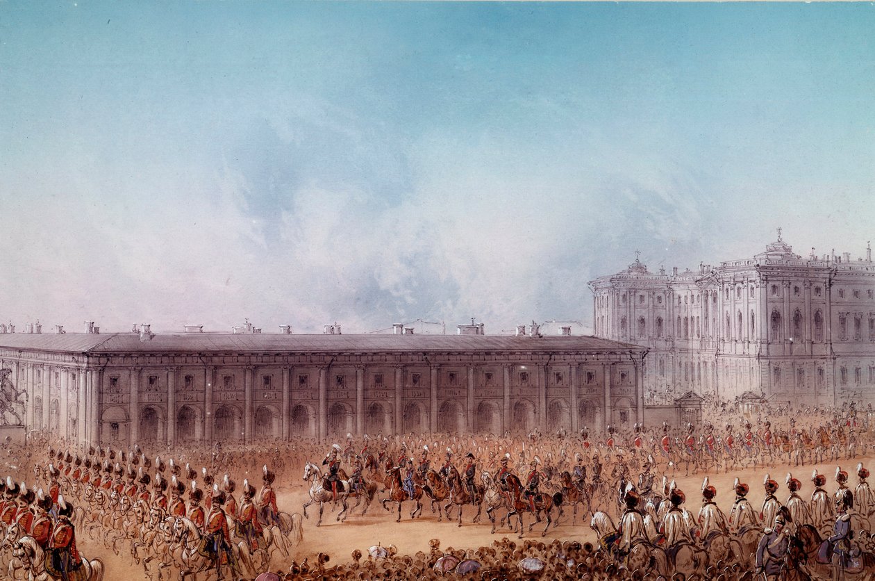 Felvonulás II. Sándorral a szentpétervári Anetchkoff-palota előtt 1856-ban. Nagy Károly (19. század) Szentpétervár illusztrációja. Chateau De Peterhof alkotó: Unknown artist