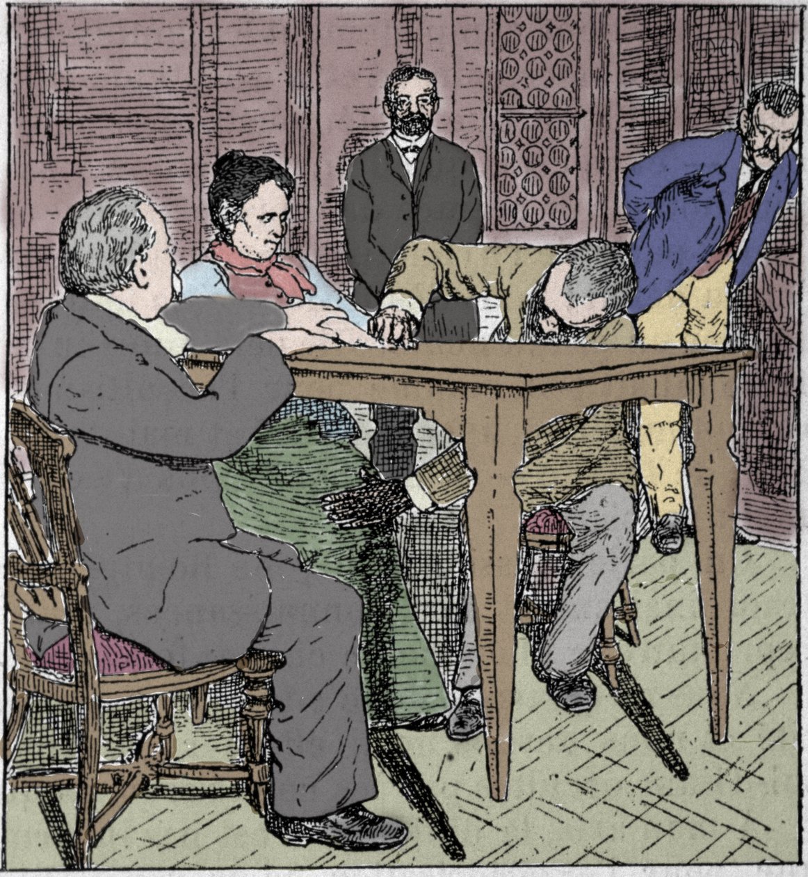 Paranormális jelenségek: 1892-ben milánói asztal emelésének tapasztalata Eusapia Paladino és Cesare Lombroso (1835-1909) és Charles Richet (1835-1909) jelenlétében. alkotó: Unknown artist