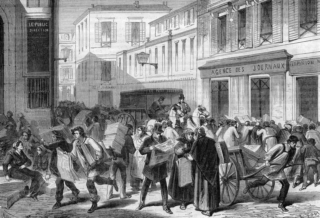 Párizs 1869: az újságcsarnok, rue du croissant. alkotó: Unknown artist