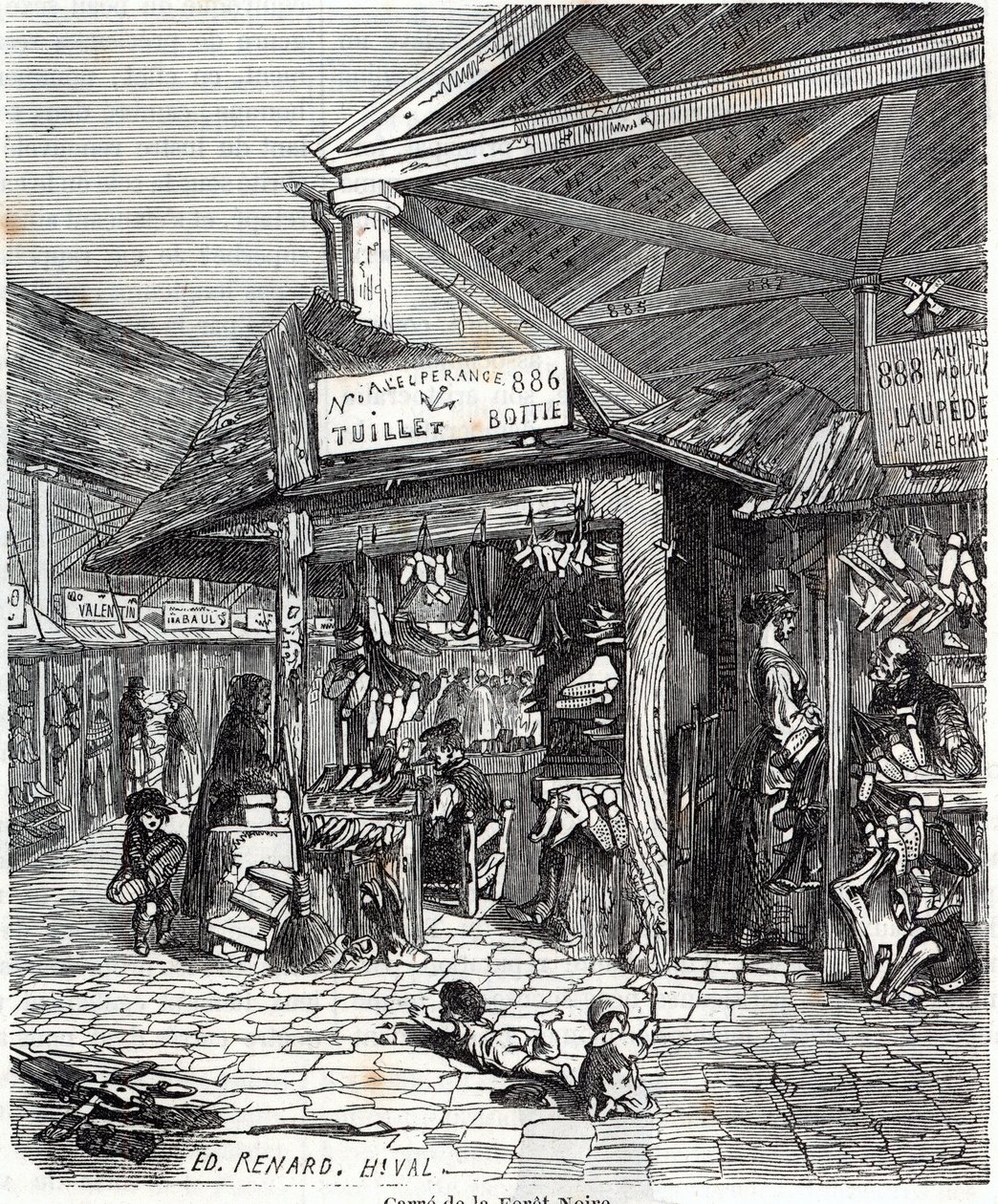 Párizs 3. kerület – Carre de la Foret-Noire: bőr- és cipőárusítás a Le Carreau du Temple-ben a 19. században – Edmond Texier „” Tableau-de-Paris” metszet alkotó: Unknown artist