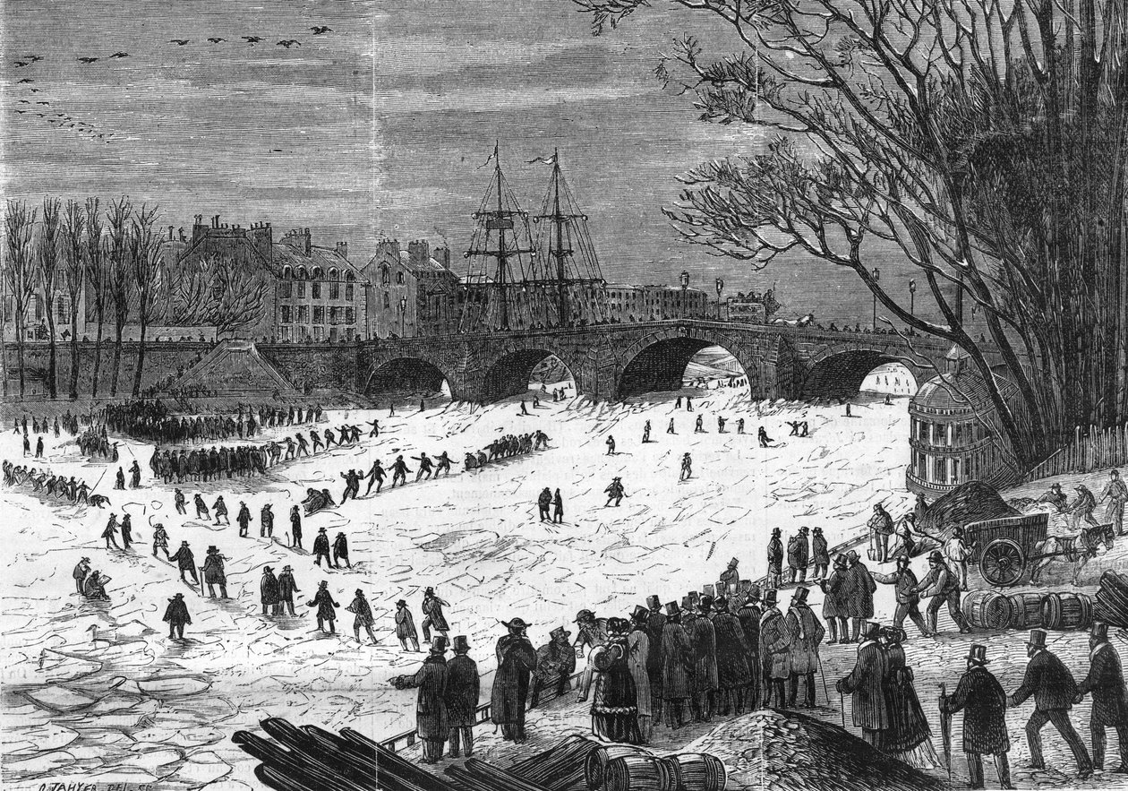 Párizs 1868. január: La Seine-t elkapta a jég a Pont - Neuf magasságában. alkotó: Unknown artist