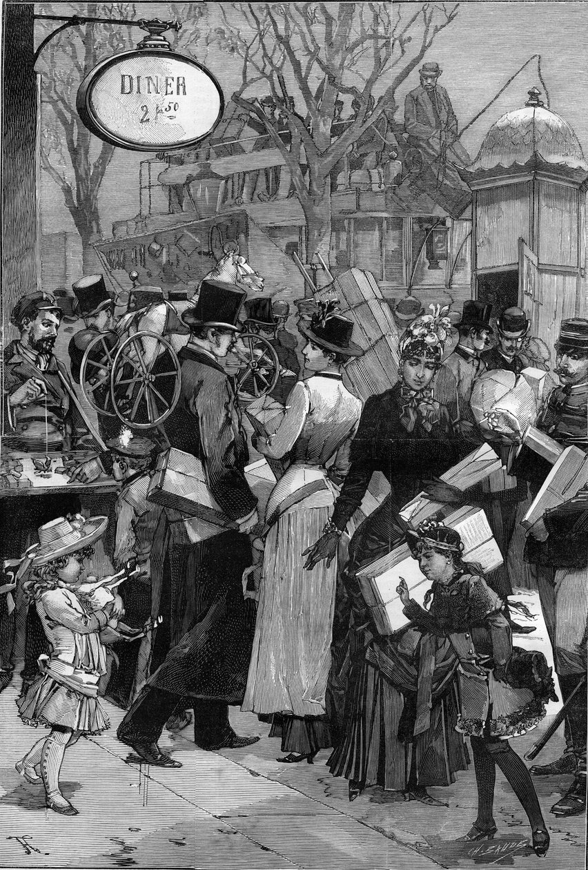 Párizs: Csomaghét: A párizsiak karácsonyi ajándékokat vásárolnak és játékokat vásárolnak. Metszet a „” Le Monde Illustré”-ben alkotó: Unknown artist