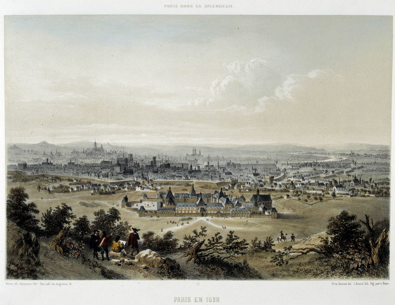 Párizs 1620-ban, általános kép a Butte Chaumont-ból - litográfia alkotó: Unknown artist