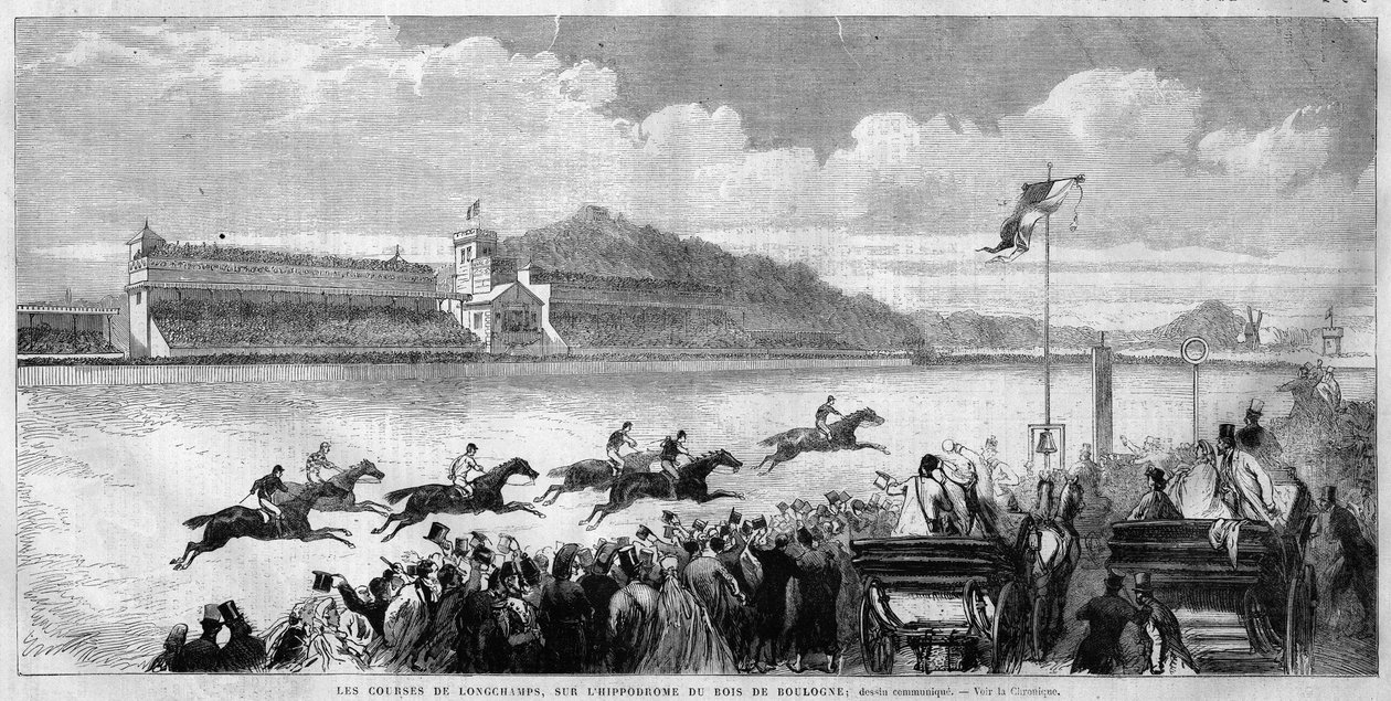 Párizs, verseny a Bois de Boulogne-i Longchamps lóversenypályán, Haussmann által kibővített és tervezett, és 1857-ben avatták fel a „L