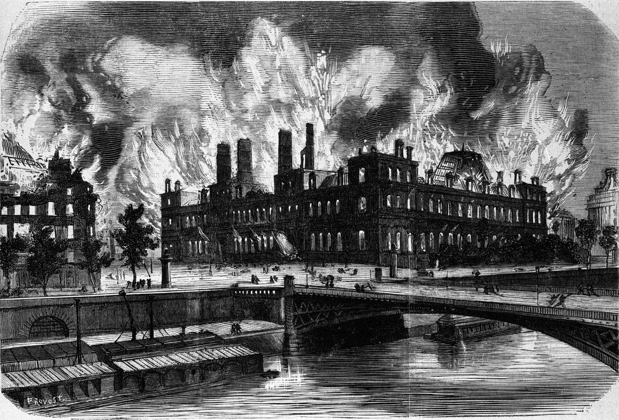 Párizs, a Kommün. A Hotel de Ville tüze 1871. május 24-én. Metszet a XIX. alkotó: Unknown artist