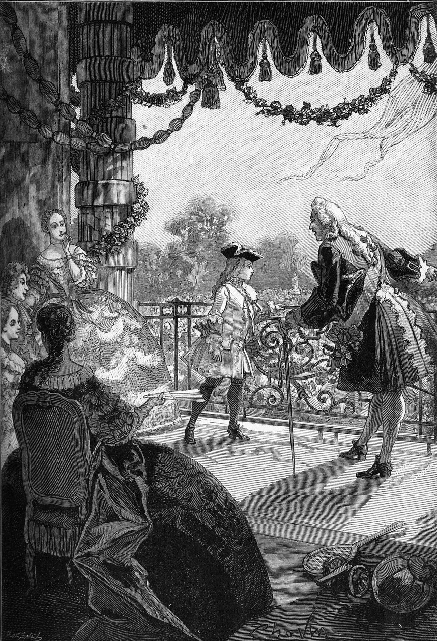 Párizs, a Tuileriák (1721): XV. Lajos francia király (1710-1774), aki a Tuileriák erkélyén mutatkozik be. századi metszet. Jules Michelet „Histoire de France” című művében alkotó: Unknown artist