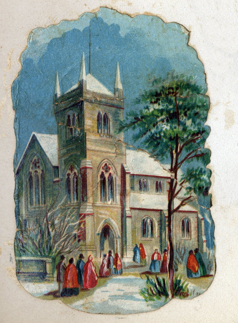 Vasárnapi szentmisére templomba járó plébánosok. Kromolitográfia 1890 körül. alkotó: Unknown artist