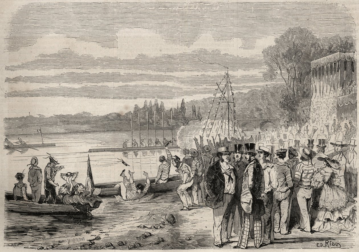 Párizsi kenusok. Regates de Saint-Cloud (Szent Felhő) 1857-ben. Metszet a „Le Monde illustrious”-ban 1857-ből. Magángyűjtemény. alkotó: Unknown artist
