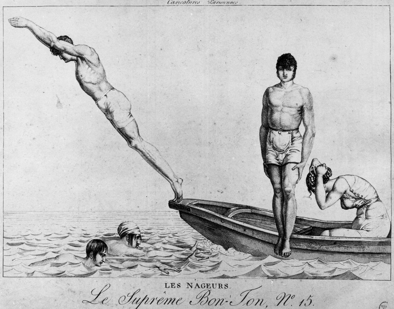 Párizsi rajzfilm: úszók, csónakból búvárkodó férfiak – a legfelsőbb Bon-Ton, n°15, Musee Carnavalet alkotó: Unknown artist