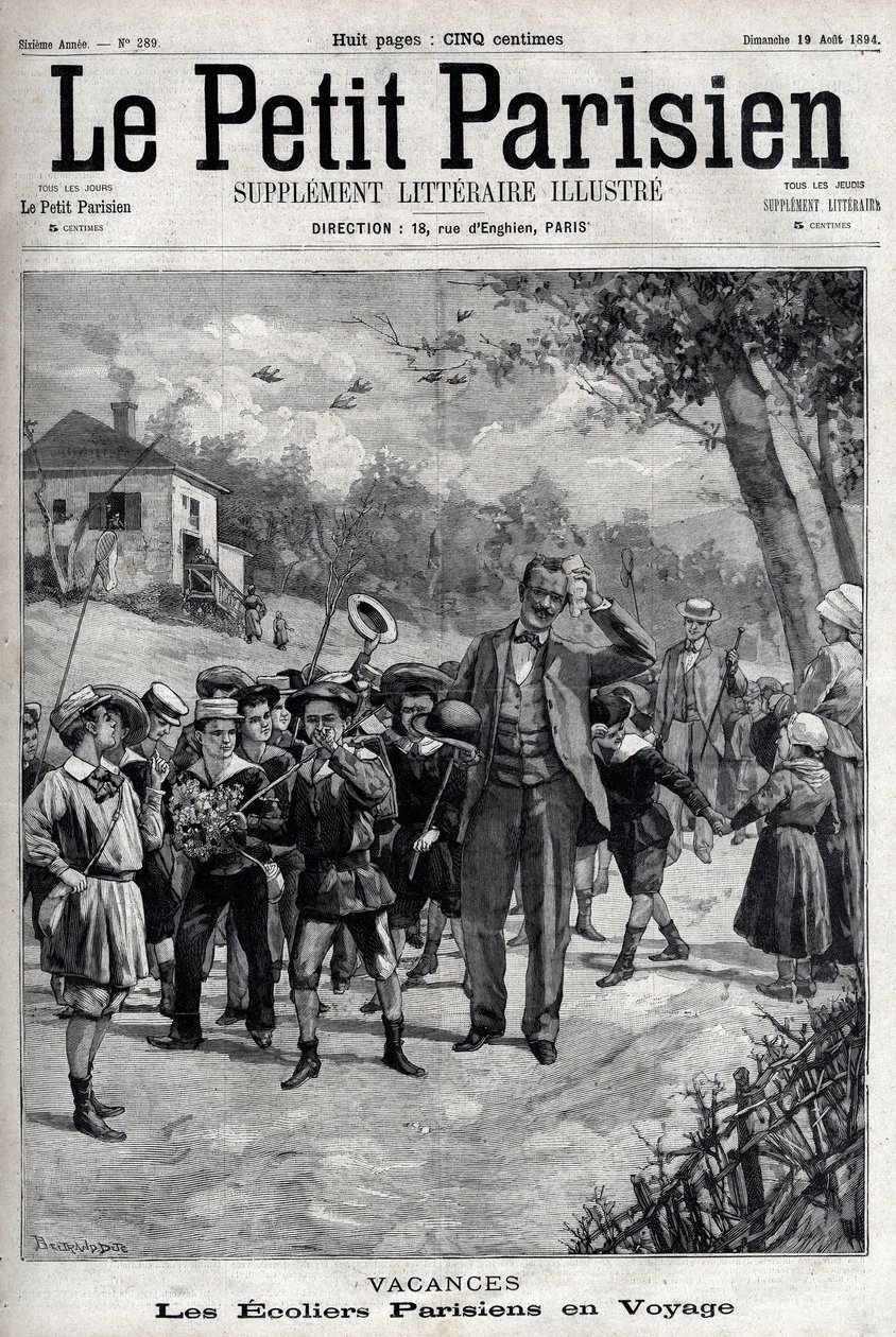 Párizsi iskolai szünet egy vidéki kiránduláson. Metszet a „Le Parisien”-ben alkotó: Unknown artist