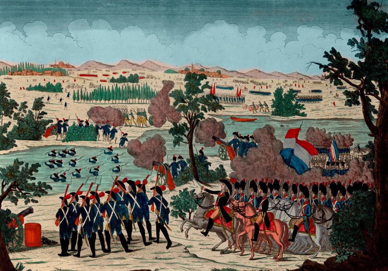 A Mincio átvonulása a IV. Prair év 11-én (1800. december 20.) a francia gránátosok által. Bonaparte General en Chief szemei alatt - Metszet - 1800 - A pozzolói csata (más néven Mincio folyó és monzambanói csata) - Az átjáró alkotó: Unknown artist