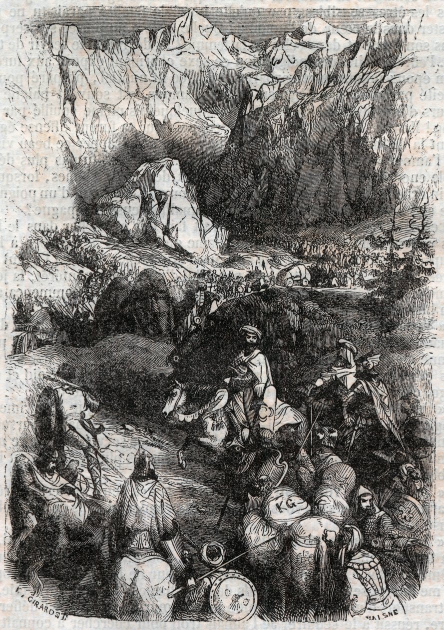 A Pireneusok átvonulása a mórok által – 1851-es metszet Ludovico Ariostotól (Orlando furioso) (16. század) „" Furious Roland" (Orlando furioso) -tól (16. század), Ariosta néven ismert - Tressan gróf olasz nyelvről fordított kiadása, Gustave Harvard kiadása alkotó: Unknown artist