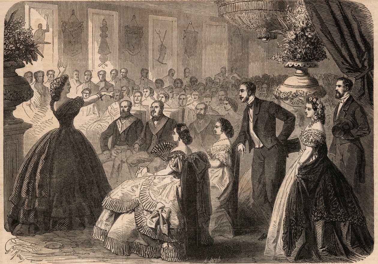 Pauline Viardot-Garcia (Viardot Garcia) (1821-1910), francia énekesnő a jótékonysági ünnepségen, amelyet a Maconnique páholy „La perseverante friendship” adott Párizs Grand Orientjében. Metszet In „” Le Monde illustrious”” 1862-ből. Magángyűjtemény. alkotó: Unknown artist