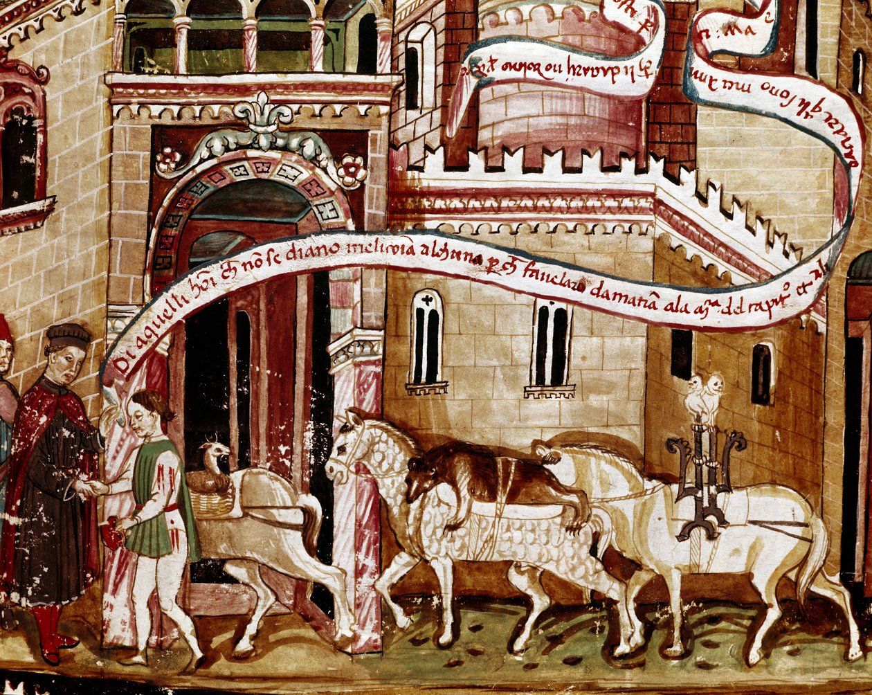Sóadó fizetése a város bejáratánál (gabelle) Miniatűr a kéziratból (Ms. H V-5) „Codex de Privileges”” alkotó: Unknown artist