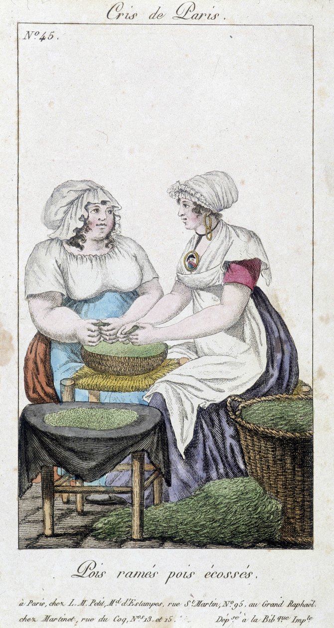 Borsókereskedők: két nő borsót ont. "" Sor borsó, skót borsó" - in "" Cris de Paris"", deb. 19. század alkotó: Unknown artist
