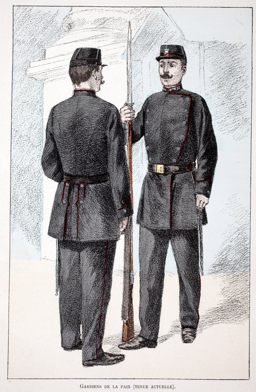 Békefenntartók (Lepin-korszak). Színes rézkarc, illusztrációként „” A békefenntartók hadtestének története”” című könyv Louis Lepine (1846-1933) Szajna-menti rendészeti prefektus gondozásában jelent meg Alfred Rey (1864-?) és Louis Feron (1862) gondozásába alkotó: Unknown artist