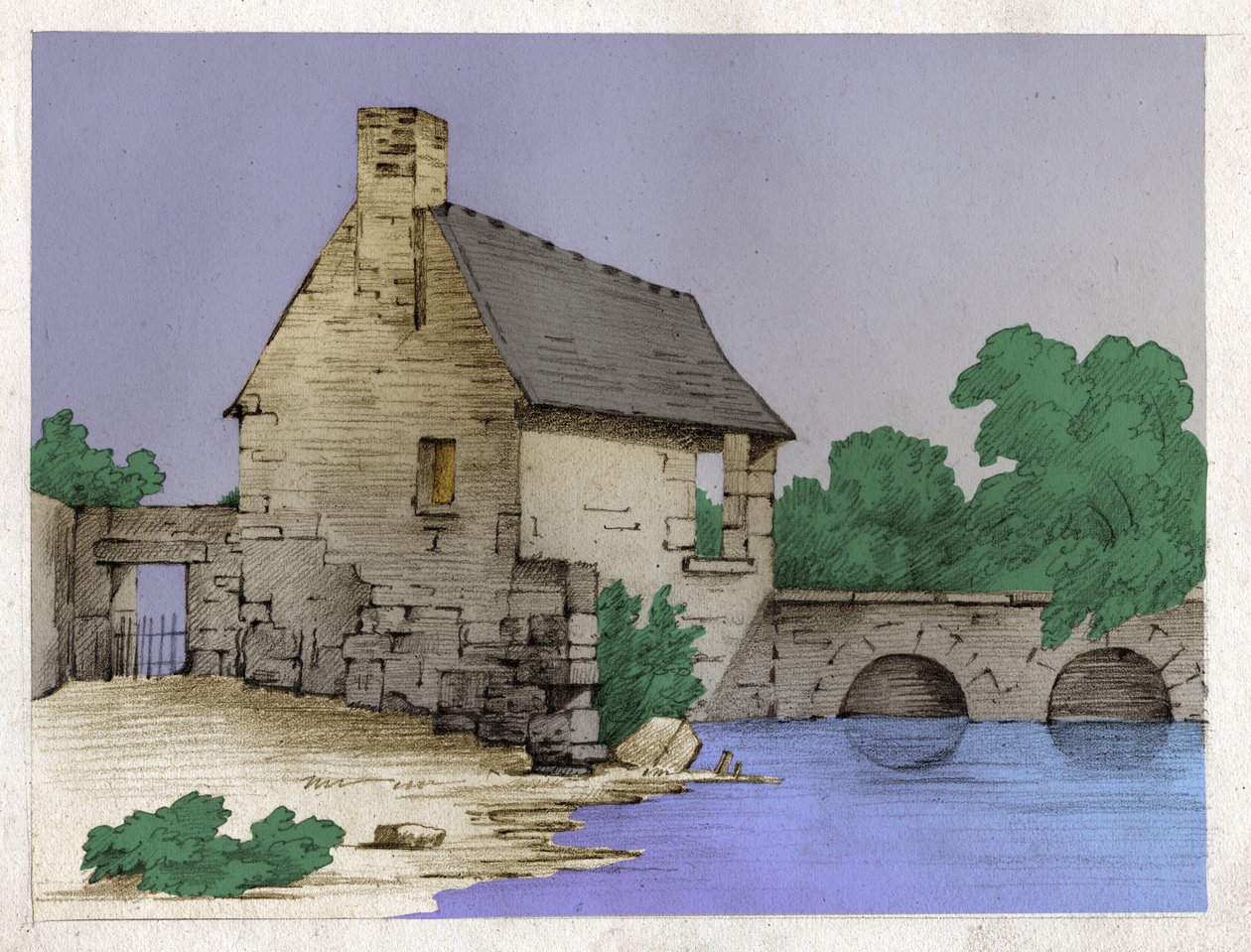 Parasztház a folyó partján. (Rajz, 1830 körül) alkotó: Unknown artist