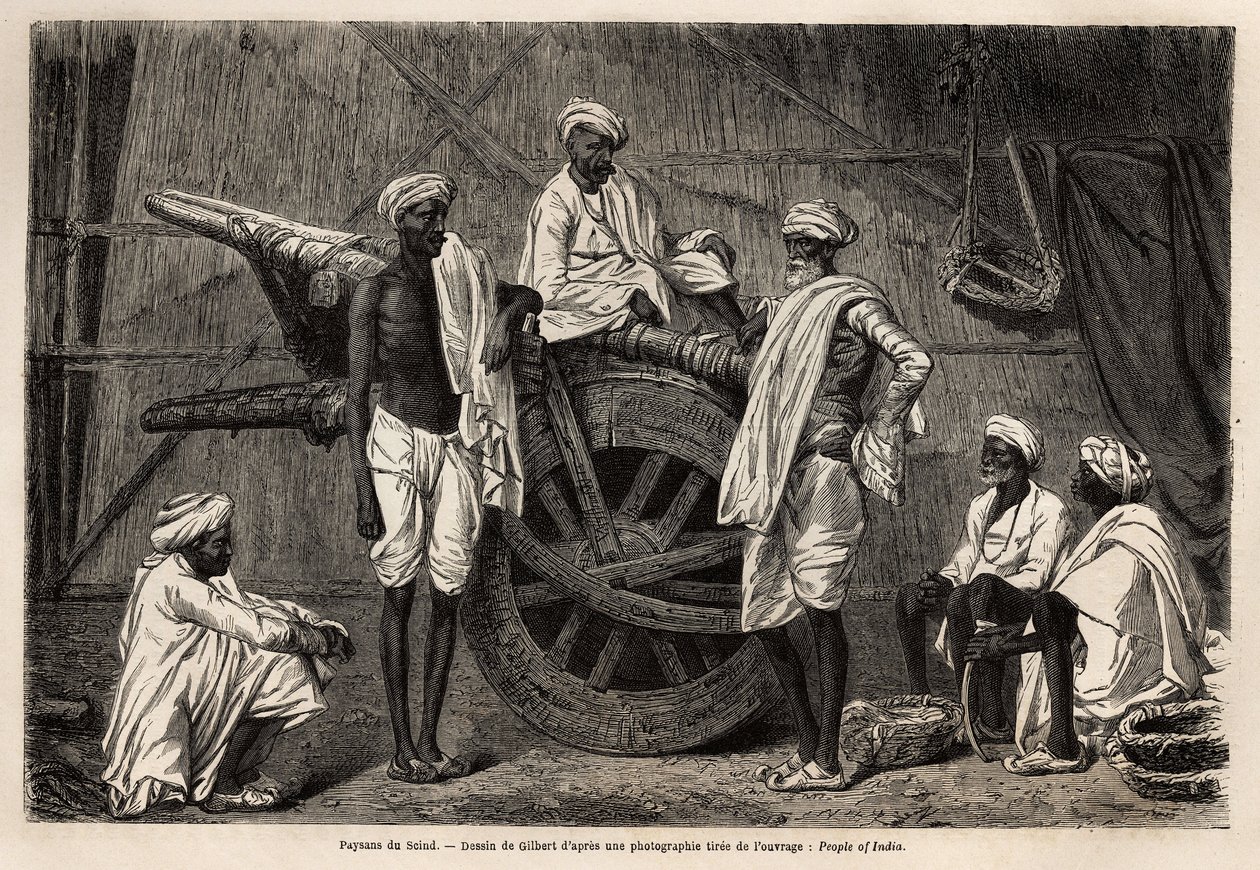 Parasztok Scindből (Punjab régió, India), a mezőgazdasági gépeik mellett. Metszet a panddzsábi és kasmíri utazás szemléltetésére, Guillaume Lejean története 1866-ban, a „Le tour du monde, nouveau Journal des voyages” című folyóiratban, a direktiva alatt. alkotó: Unknown artist