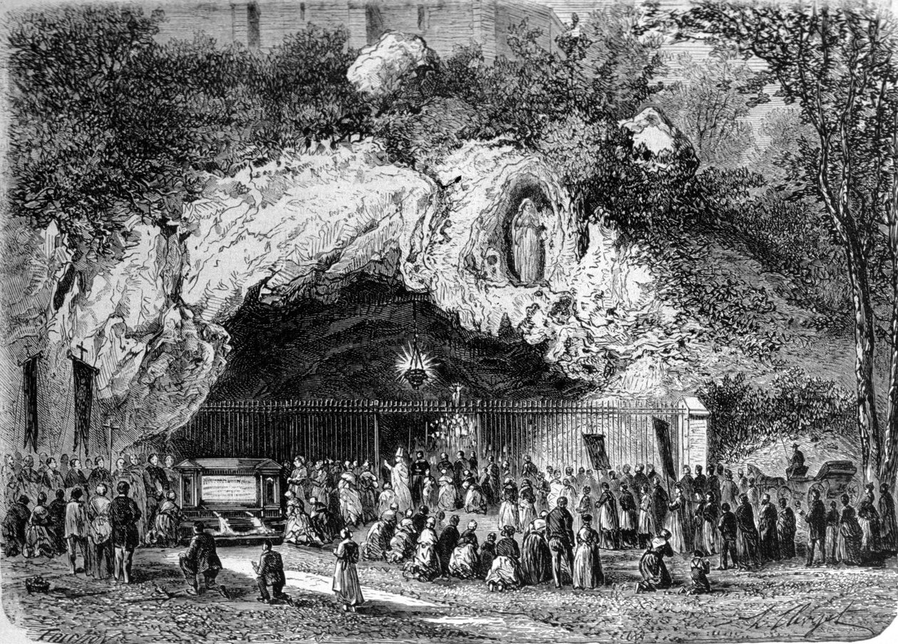 Pelerins a csodálatos lourdes-i barlang előtt a Magas-Pireneusokban, ahol a Szűzanya megjelent Bernadette Soubirousnak (1844-1879) 1858-ban, mai zarándokhely. századi metszet alkotó: Unknown artist