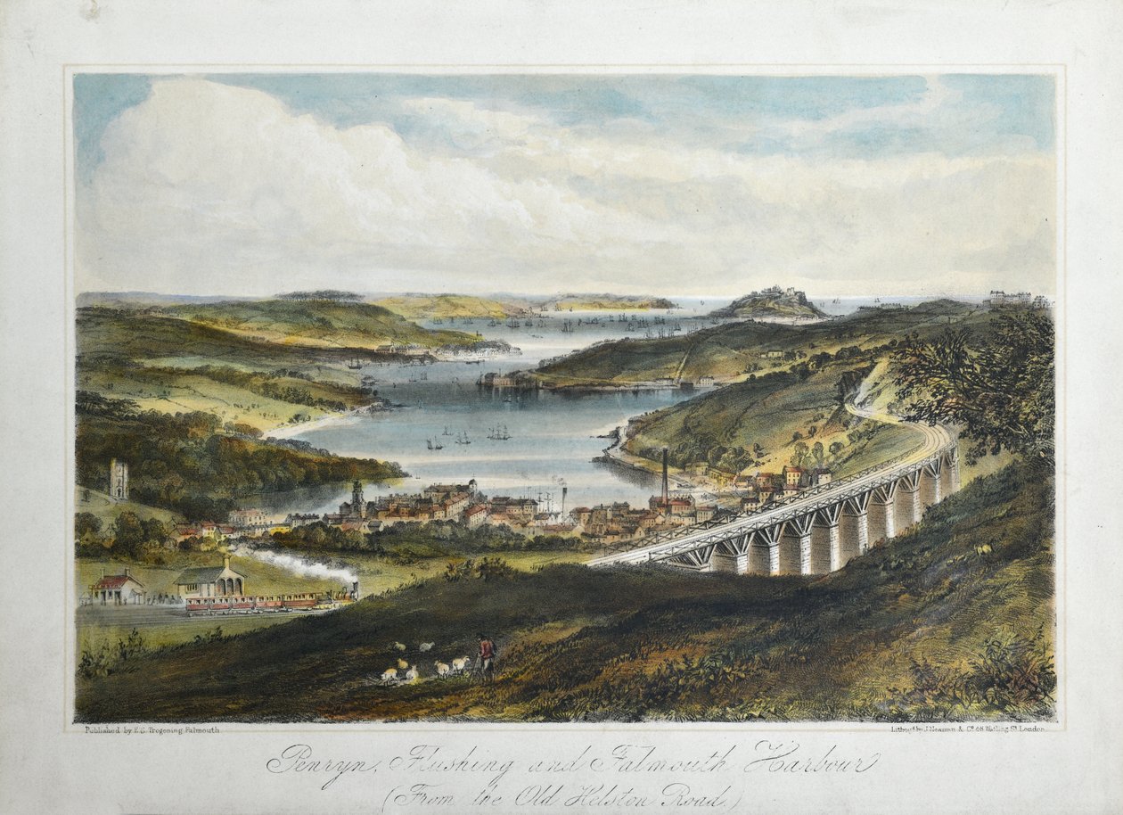 Penryn, Flushing és Falmouth Harbors (az Old Helton Roadról), 1860-80 körül (színes litho papíron) alkotó: Unknown artist