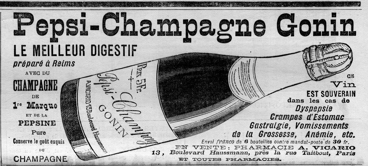 Pepsi Champagne Gonin (Pepsi-Champagne a Gonin márkától). Digestif elkészítése Reimsben pezsgővel és pepszinnel. Az alkohol tanácsot ad dyspepsia, gyomorgörcs, gastralgia, terhességi hányás, vérszegénység esetén... (patikában eladó). Gravírozás ""-be alkotó: Unknown artist