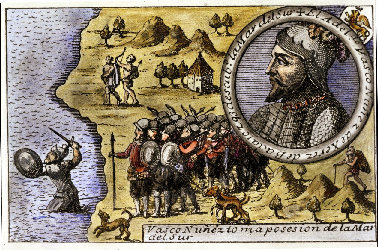 Vasco Nunez de Balboa (1475 - 1517), spanyol navigátor előadása, aki az elsők között fedezte fel a Csendes-óceánt a Darien-szoroson átkelve. Metszés alkotó: Unknown artist