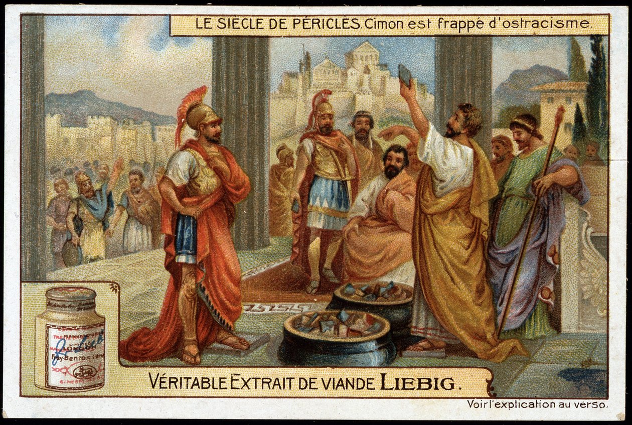 Periklész-század (Kr. e. 495-429): államférfi és stratégia Cimon (Kr. e. 510-449) kiközösítéssel sújtott, Kr.e. 461-ben - Liebig kromolitográfiája alkotó: Unknown artist