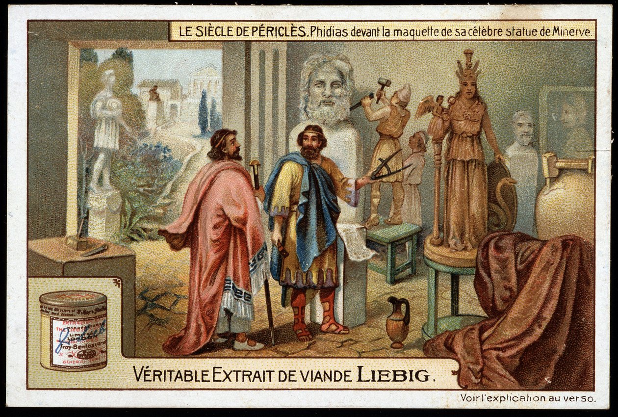 Periklész század (Kr. e. 495-429): Phidias (Kr. e. 490-430) szobrász híres Minerva-szobrának makettje előtt – Liebig kromolitográfiája alkotó: Unknown artist