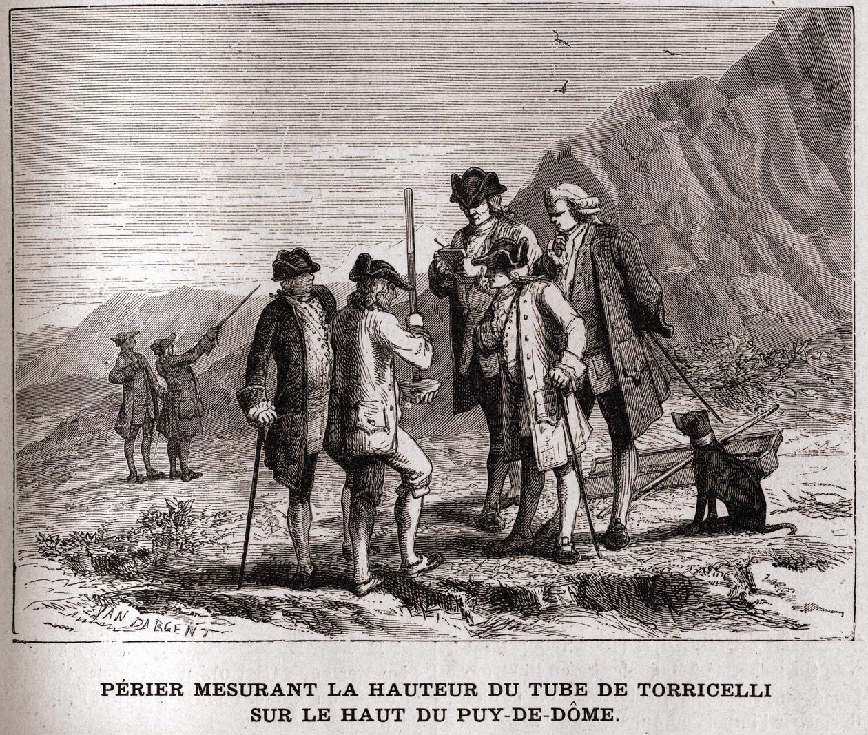 Evangelista Torricelli vagy Toricelli Barométer (higanycső) magasságát mérő perier a Puy-de-Dôme tetején 1618. szeptember 20-án, 19. századi metszet, Bianchetti-gyűjtemény. alkotó: Unknown artist