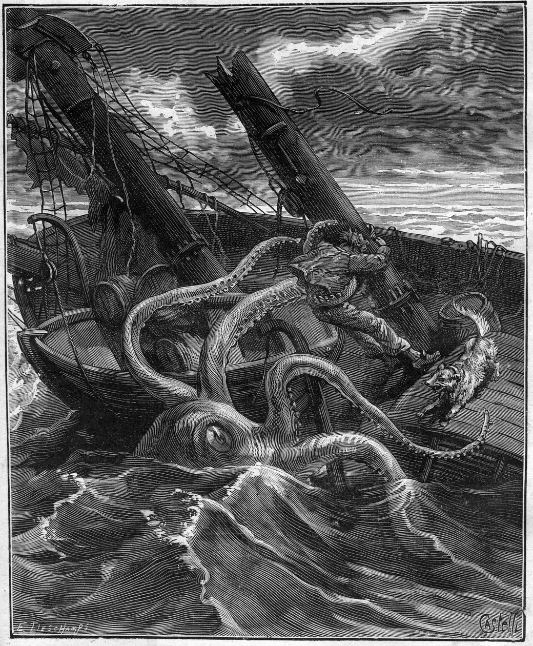 Narcissus Nicaise veszedelmes kalandjai Kongóban - Armand Dubarry 1836-1910 - előtte volt egy félelmetes tengeri szörny (Óriás polip) (Óriás polip) - metszet a Journal des voyage de 1881-ben - alkotó: Unknown artist