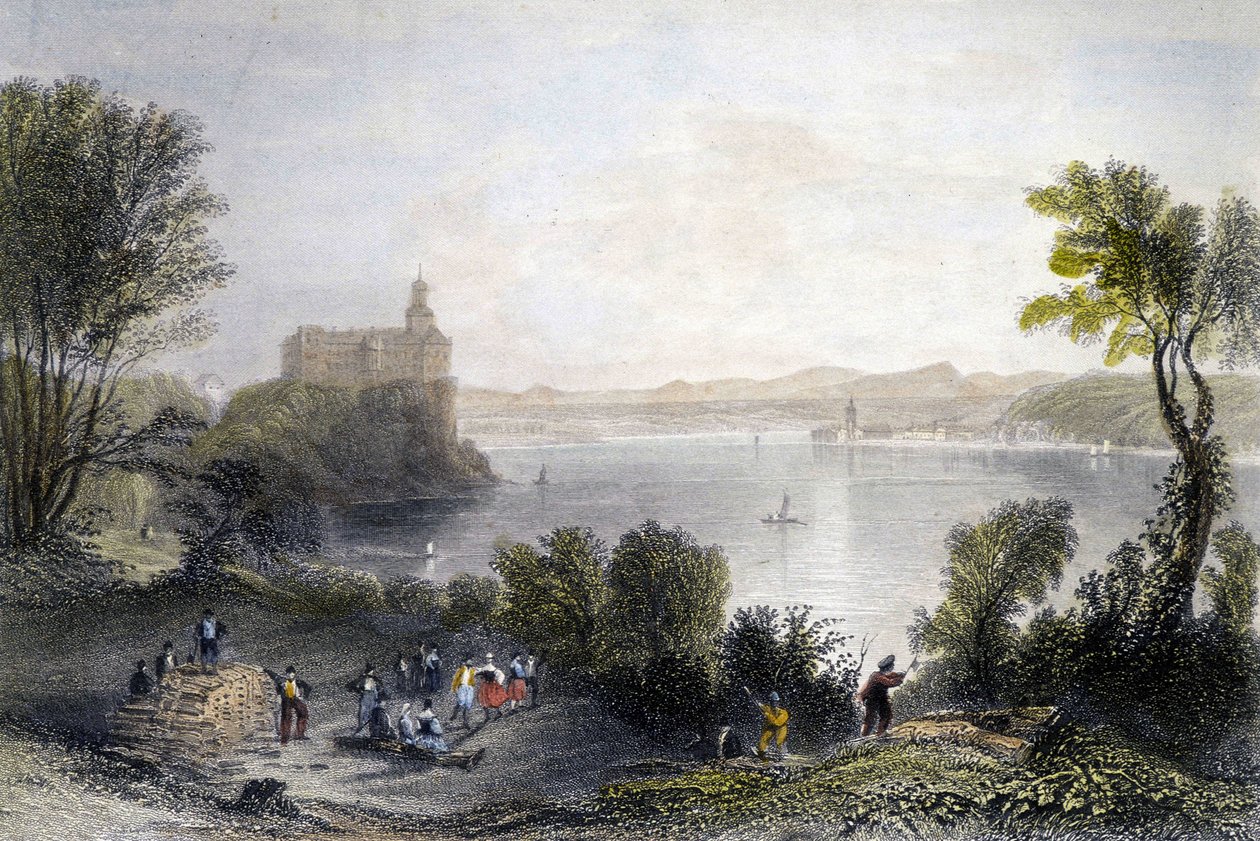 Persenberg kastély Németországban. Az előtérben a famunkások dolgoznak. századi metszet. alkotó: Unknown artist