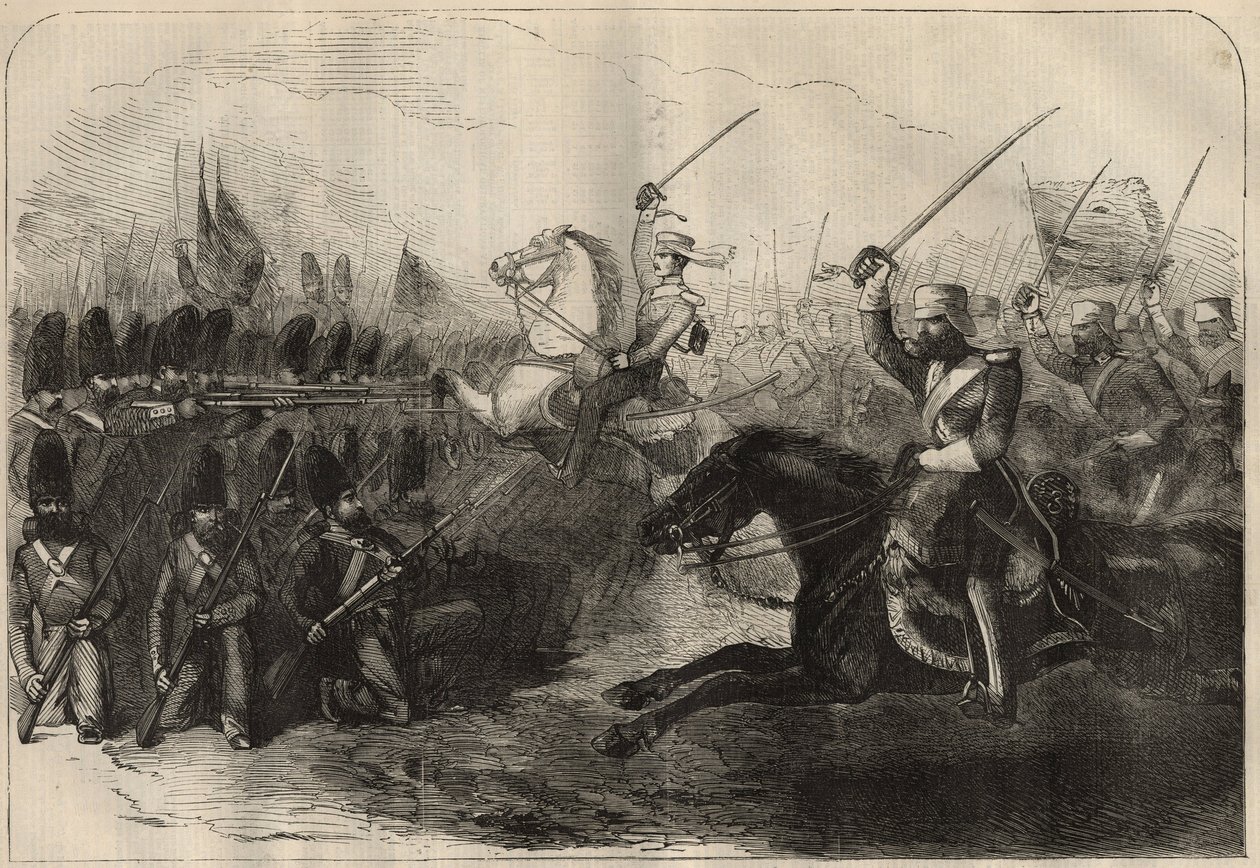 Perzsa angol (angol-perzsa) háború (1856-1857): a 3. brit indo lovasság rohama, amelyet Forbes kapitány irányított a Koosh-Ab-i (Koosh Ab, Kooshab) csata során február 8-án. alkotó: Unknown artist