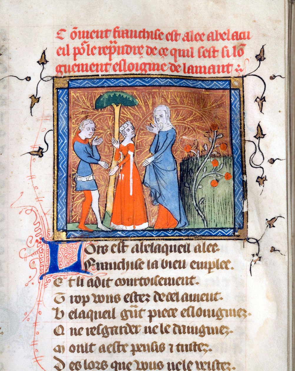 ""Karakterek a beszélgetésben"" Megvilágított oldal Guillaume de Lorris (1200-1238 körül) és Jean de Meun (Meung) (1240-1305) "Le Roman de la Rose"" kéziratából, 1365 Chicago Egyetemi Könyvtár államok körül Egyesült alkotó: Unknown artist