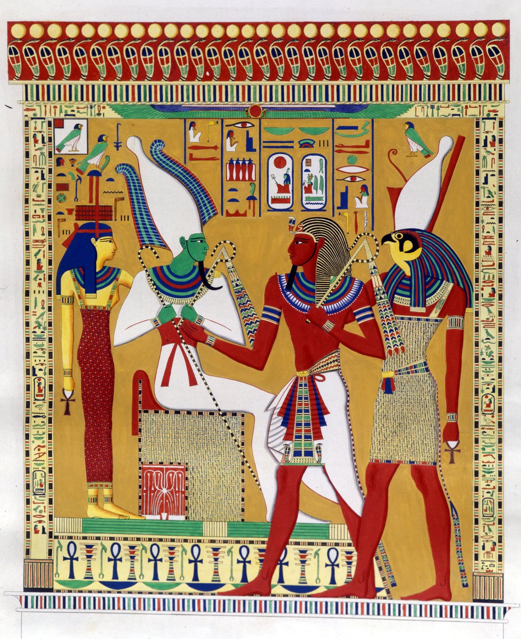 Merenptah 1. fáraó (vagy Mineptah, Merneptah) (Kr. e. 1213-1204) Hórusz vezetésével Ozirisz és Athyr pokoli jelenlétében. Balról: Athyr, Osiris, Merenptah I és Horus. (Biban-el-Moluk) - Ippolito Rosel „Egyiptom és Felső-Núbia emlékművei” című filmjében alkotó: Unknown artist