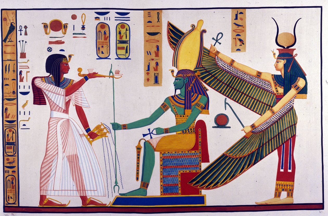 IV. Ramszesz fáraó ajánlatokat tesz Ptah-Sokari-Osirisnek. Ozirisz mögött Ízisz áll. (Bibah-el-Moluk sírja) - Ippolito Rosellini (Rossellini) „”Egyiptom és Felső-Núbia emlékművei”-ben. alkotó: Unknown artist