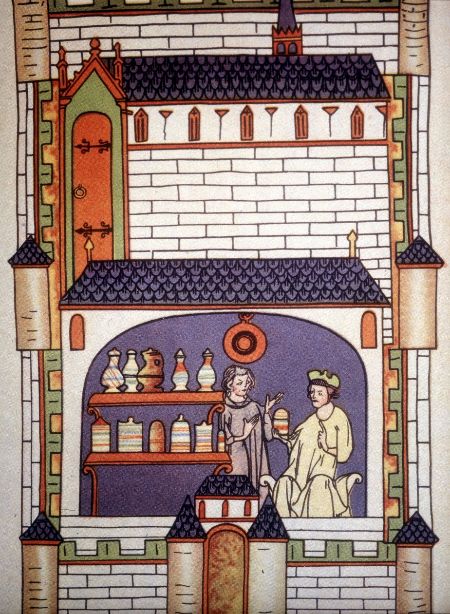 Gyógyszertár egy apátságban a 13. században - Ruggero di Salerno „sebészetében”. alkotó: Unknown artist