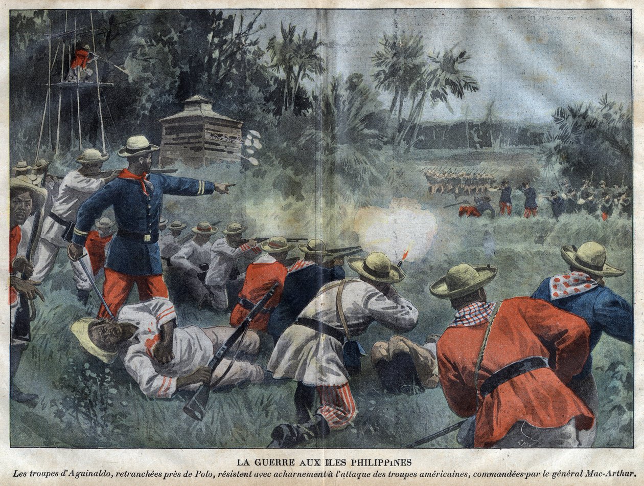 Fülöp-amerikai háború - Amerikai-Fülöp-szigeteki háború (Philippine Americano) - Emilio Aguinaldo csapatai, Polo közelében elvágva, hevesen ellenállnak a Mac-Arthur tábornok által irányított amerikai csapatok támadásának - 1899-es „Le-Pelerin” metszet alkotó: Unknown artist