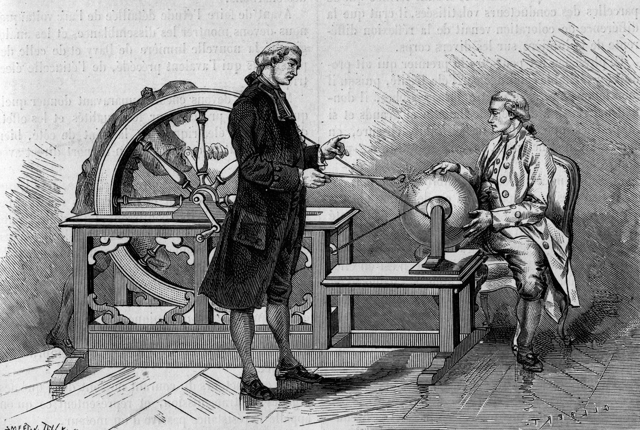 Fizikai tapasztalat a 18. században: villanygép által keltett izzás. (Nollet abbétól). Metszet az 1878. április 6-i „” La Nature: revue des sciences et de leurs applications aux arts et a l