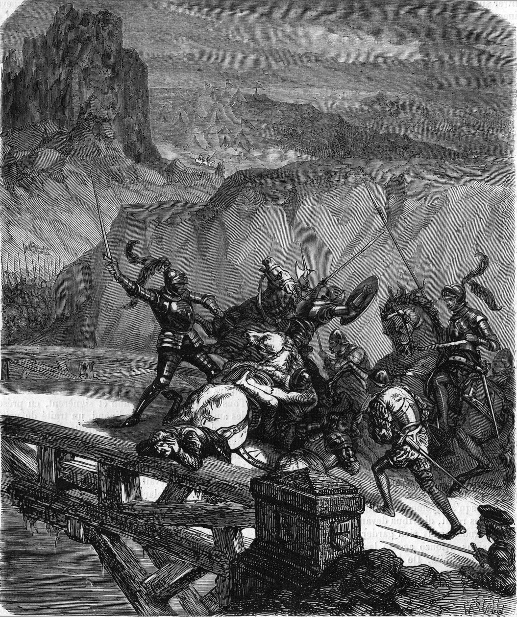Pierre Terrail, Bayard ura, a Garigliano hidat (Olaszország) védi 1503-ban. 19. századi metszet. alkotó: Unknown artist