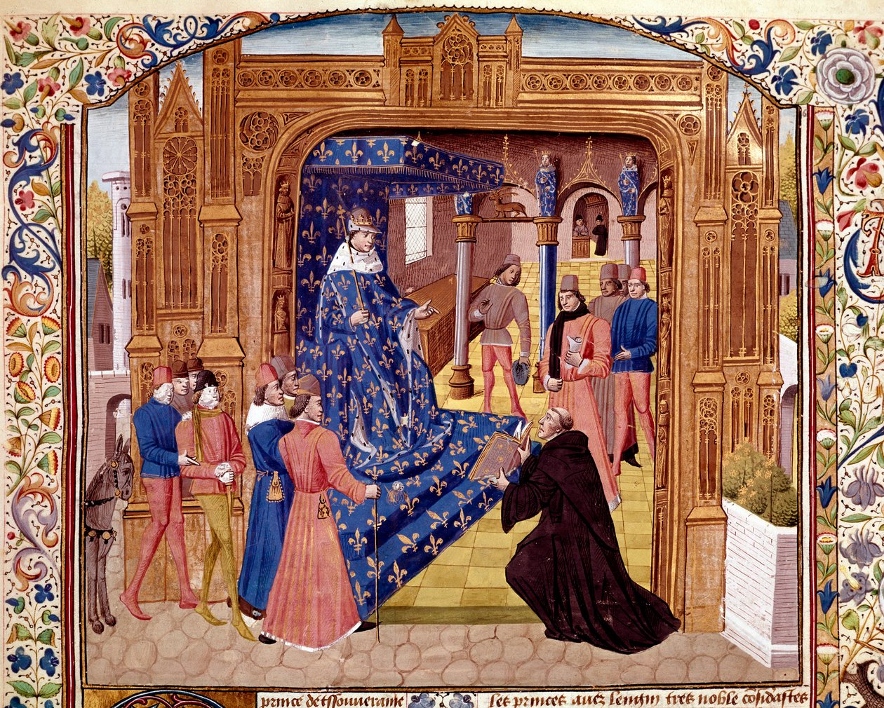 Pierre de Bressuire felajánlja könyvét II. Jó Jánosnak a párizsi Cité szigetén. Miniatűr Titus Live (Kr. e. 59-17) (Titus Livius) "" Histoire romaine" (Ad urbe condita) című művéből, Pierre fordításában Bressuire (310. sz.) 1450-1500 Chantilly, múzsa alkotó: Unknown artist
