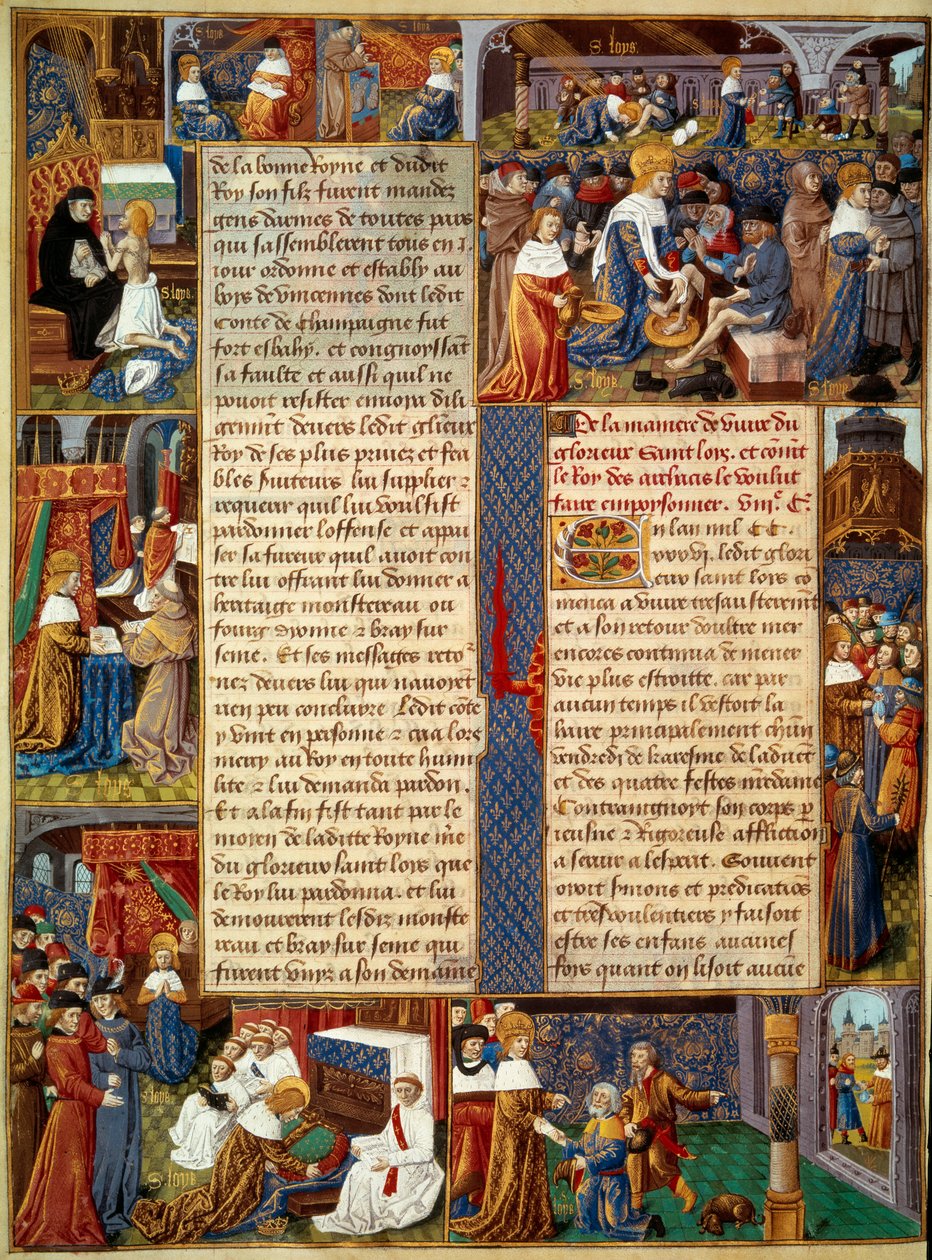Piete jelenet: „” IX. Lajos király (1214-1270) (Szent Lajos) a szegények lábát mossa, a király imádkozik és a keresztény szeretet jelenetei a királytól”” Miniatűr kéziratból „” Monsignor Saint tények könyve Lajos”” 15. század. Paris, B.N alkotó: Unknown artist
